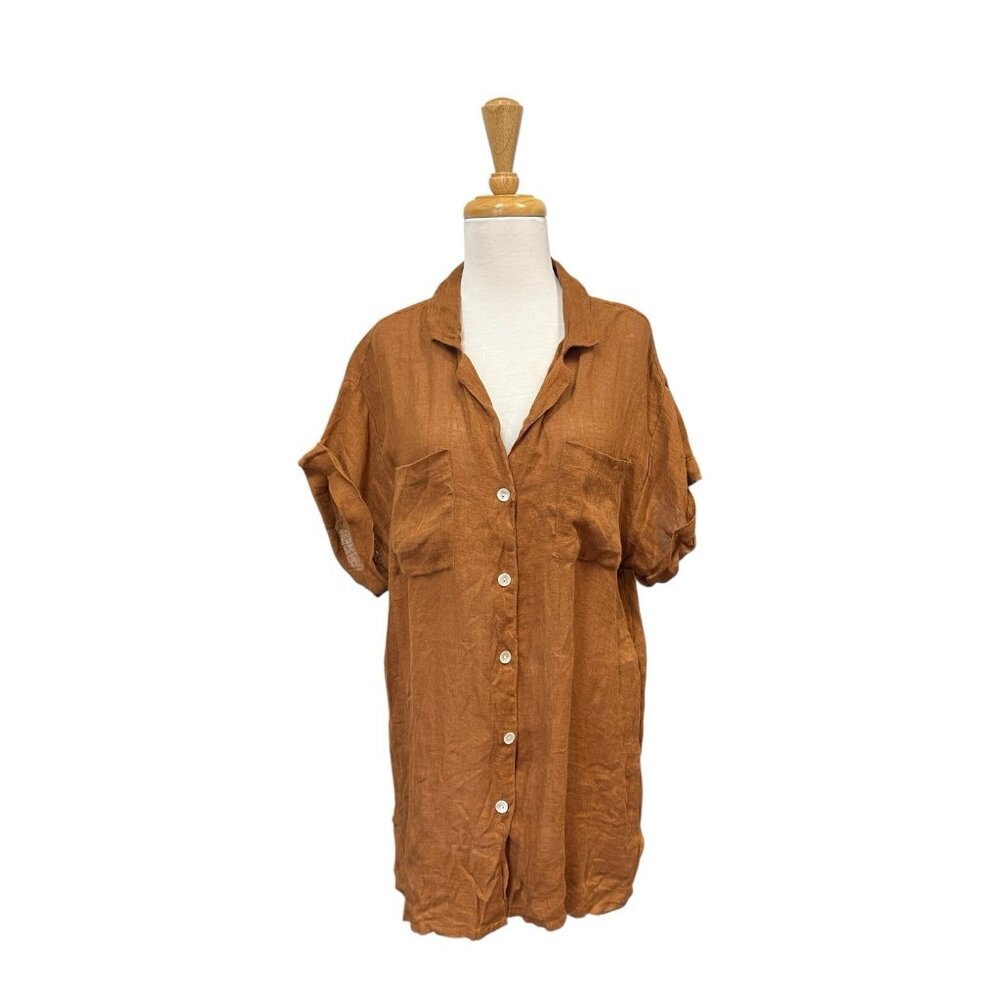 VITAMIN A Playa Pocket Linen Shirt Size M Medium Brown Cover Up